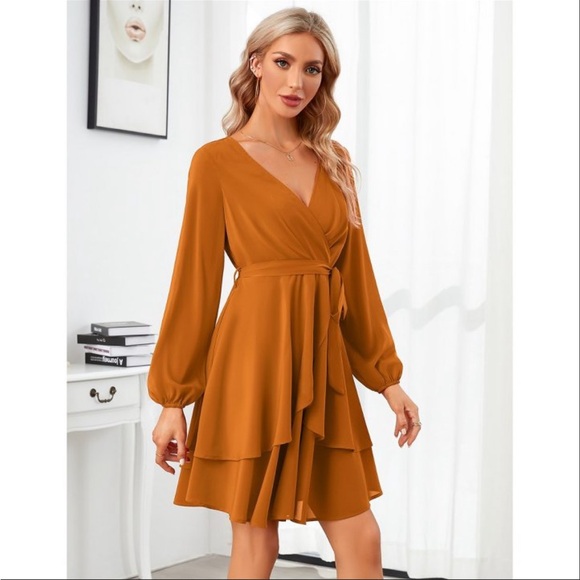 *NWT* Womens V Neck long Sleeve Tie Waist Ruffle Boho Flowy Swing Mini Dress. - Picture 2 of 4